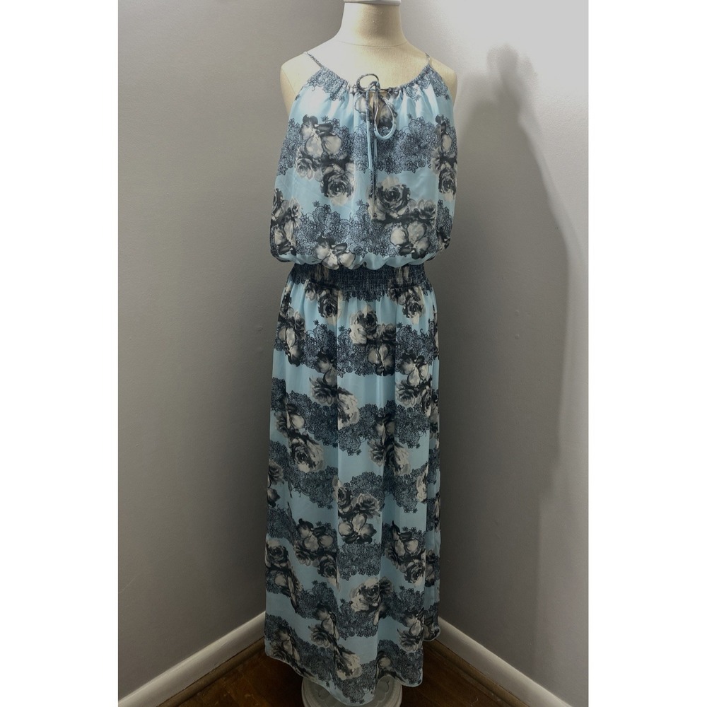 Womens Floral Maxi Dress Light Blue Halter Ethereal Flowy Soft Feminine Size‎ 14